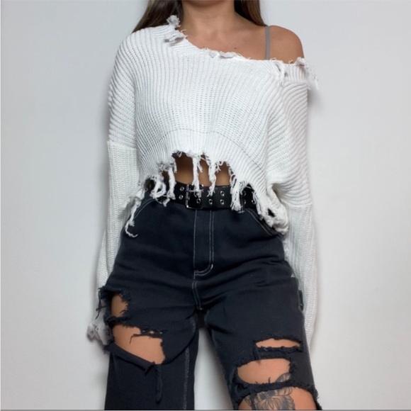 Sweaters - Distressed cropped white off shoulder Sweater